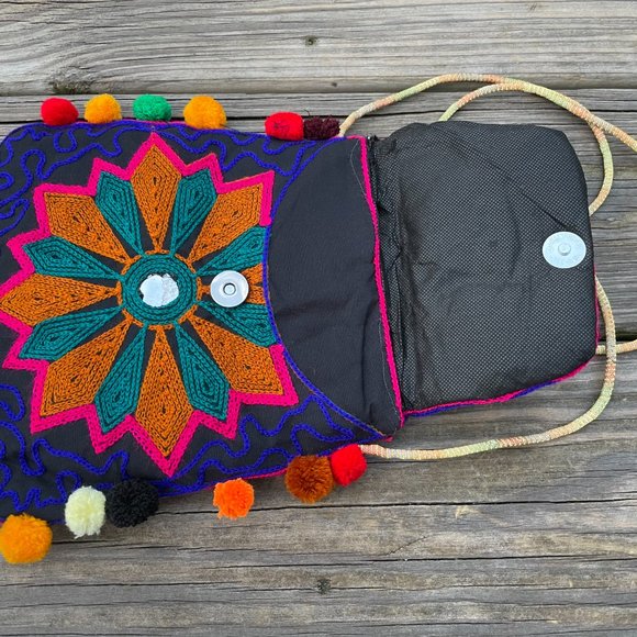 Girl Cross Body Bag Multi Color Embroidery Pom Pom - Picture 8 of 10